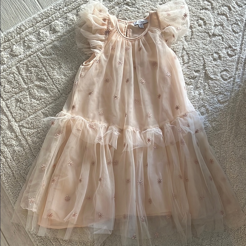 Reiss Elegant Cream Tulle Dress with Floral Embroidery